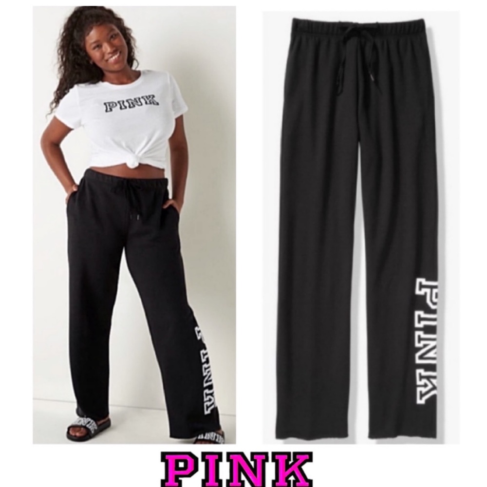 🖤 VS PINK Fleece Boyfriend Heritage Sweatpants L Black/Classic Logo Pants NEW!